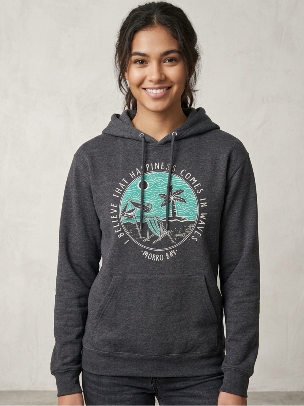 Jerzees Sweatshirt Small Morro Bay Graphic Hoodie Charcoal Teal Beach vacation